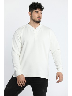 Julude Krem Erkek Bisiklet Yaka Yarım Düğmeli Sweatshirt P-00005278