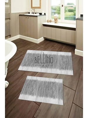 Bellino Yıkanabilir Kaymaz Pamuk Dokuma Taban Gri Siyah Çizgili 60X100-50X60 Banyo Paspası 2 Li Klozet Takımı 15