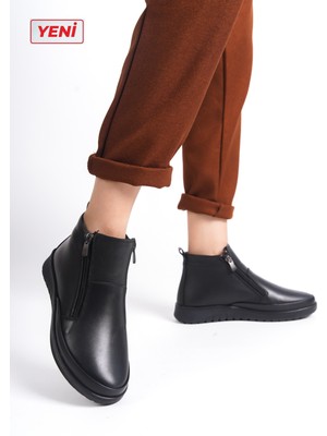 ARTI-ARTI032-2035 Hakiki Deri Kadın Ortopedik Topuk Dikeni Fonksiyonlu Çift Fermuarlı Kaymaz Taban Siyah Anne Botu