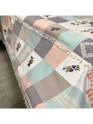 Oya Home Patchwork El Işlemeli Kaneviçe ve Dantel Aplikeli Yatak Örtüsü - 3 Parça