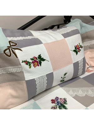 Oya Home Patchwork El Işlemeli Kaneviçe ve Dantel Aplikeli Yatak Örtüsü - 3 Parça