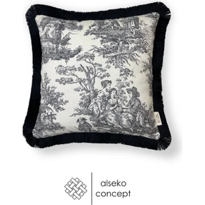 Alseko Concept Siyah-Krem 43X43CM Püsküllü Dekoratif Kare Kırlent Kılıfı