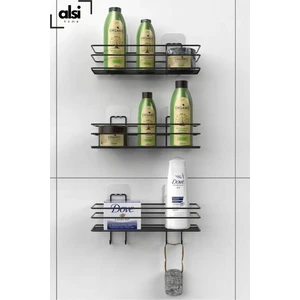 Alsi Home 3'lü Set Yapışkanlı 4 Kancalı Paslanmaz Banyo Rafı Mat Siyah Banyo Şampuanlık Duşakabin Duş Askısı