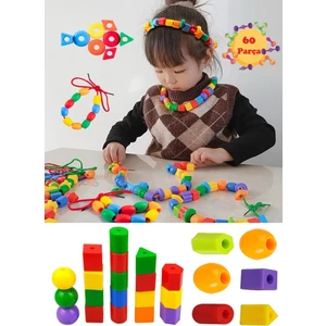 60 Parça Geometrik Şekiller İpe Boncuk Dizme Koordinasyon Renk Algı Oyunu