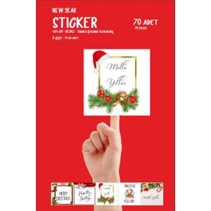 Yeni Yıl Yılbaşı Happy New Year Etiket 70 Adet Tabaka Şeklinde