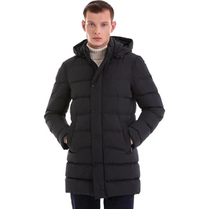 Hatem Saykı Lacivert Slim Fit Hakim Yaka Kapüşonlu Basic Kaban