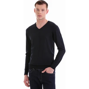 Lacivert Regular Fit Düz V Yaka Yünlü Triko Kazak