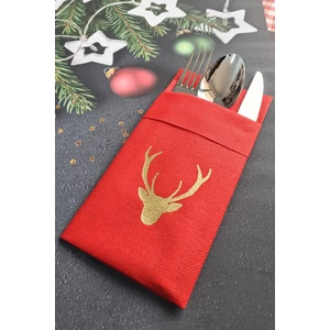 Kumaş Dokulu Kırmızı Peçete Gold Varak Geyik Kafası Yılbaşı Sofrası - Yeni Yıl Peçetesi