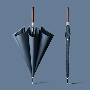 8 Kaburgalı Kalınlaştırılmış Güçlü Rüzgara Dayanıklı Çift Şemsiye Otomatik Ahşap Uzun Saplı Şemsiye (Yurt Dışından)