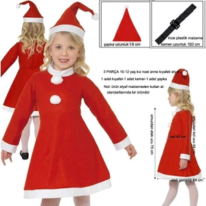 10-12 Yaş Için Elyaf Yılbaşı Noel Anne Kostümü 3 Parça