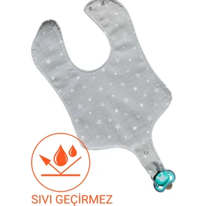 Beybinestmüslin Mama Önlüğü Sıvı Gecirmez Çift Katlı Emzik Takmalı Model Gri Yıldızlar Serisi