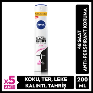 Nivea Kadın Sprey Deodorant Black & White Invisible Clear 48 Saat Anti-Perspirant Koruma 200 ml Ekonomik Boy
