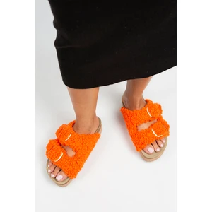 Selina Kürklü Kadın Tekstil Kürklü Çift Tokalı Turuncu Terlik
