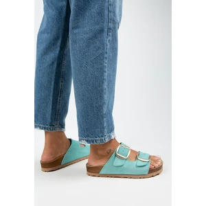 Irene Kadın  Deri Çift Tokalı Mint Yeşili-Gold Terlik