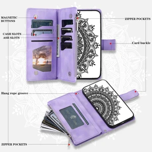 4U Sky Xiaomi 11 Lite 5g Ne/mı 11 Lite 5g/4g Fermuarlı Cep Telefonu Kasası Mandala Çiçek Baskılı Pu Deri Standı Kapak Birden Fazla Kart Yuvası Cüzdan-Mor (Yurt Dışından)