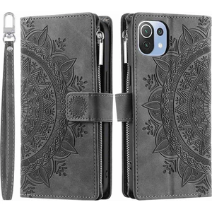 4U Sky Xiaomi Için 11 Lite 5g Ne/mı 11 Lite 5g/4g Fermuarı Cep Telefonu Kılıf Mandala Çiçek Baskılı Pu Deri Stand Kapak Çoklu Kart Yuvası Cüzdan-Black (Yurt Dışından)