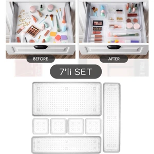 Meleni Home 7 Parça Modüler Organizer Set - Kozmetik Aksesuar Düzenleyici Şeffaf