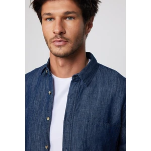 Slim Fit Uzun Kol Tek Cep Denim Lacivert Erkek Gömlek