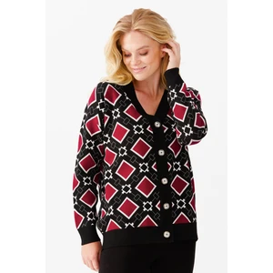 Desen Triko Kadın V Yaka Kare Desenli Hırka Siyah