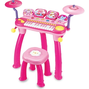 Peda Toy Oturma Sandalyeli Piyano Bateri Seti 24 Tuşlu Mp3 Çalar Mikrofonlu Pembe