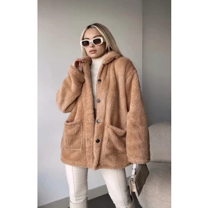 Peluş Camel Welsoft Hırka Kadın Cepli Düğme Detaylı