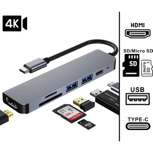FXN-10C 6ın1 Type-C To USB 3.0 Sd Tf 4K Hd HDMI Pd Kart Okuyucu Çevirici Dönüştürücü Adaptör