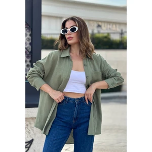 New Laviva Kadın Haki Ithal Müslin Kumaş Cepli Uzun Salaş Gömlek