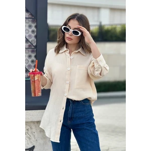 New Laviva Kadın Bej Ithal Müslin Kumaş Cepli Uzun Salaş Gömlek