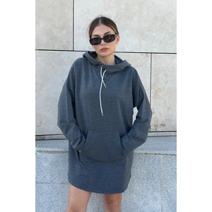 New Laviva Kadın Antrasit Uzun Kol Yakası Bağcıklı Kapüşonlu Kanguru Cep Salaş Uzun Tunik Sweatshirt