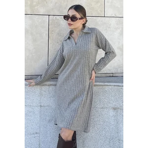 New Laviva Kadın Bej Polo Yaka Basic Kalıp Uzun Kollu Midi Triko Elbise