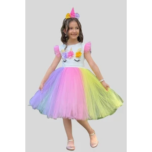 Turuncu Gardrop Turuncu Gardrop Unicorn Renkli Tütülü Taç Dahil Elbise