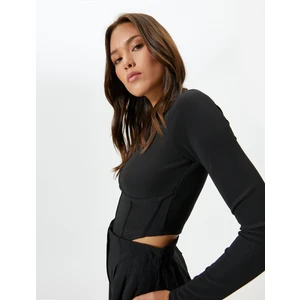 Crop Tişört Uzun Kollu Korse Detaylı Bisiklet Yaka