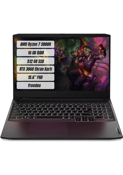 Ideapad Gaming 3 AMD Ryzen 7 5800H 16GB 512GB SSD RTX3060 Freedos 15.6" FHD Taşınabilir Bilgisayar 82K20256TX