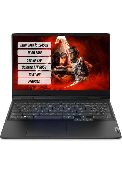 IdeaPad Gaming 3 Intel Core i5 12450H 16GB 512GB SSD RTX3050 Freedos 15.6" IPS Taşınabilir Bilgisayar 82S9015VTX