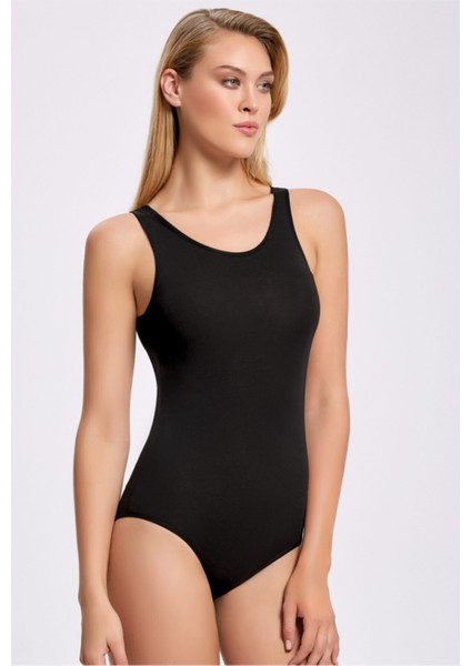 Kadın Siyah Kalın Askılı Çıtçıtlı Body