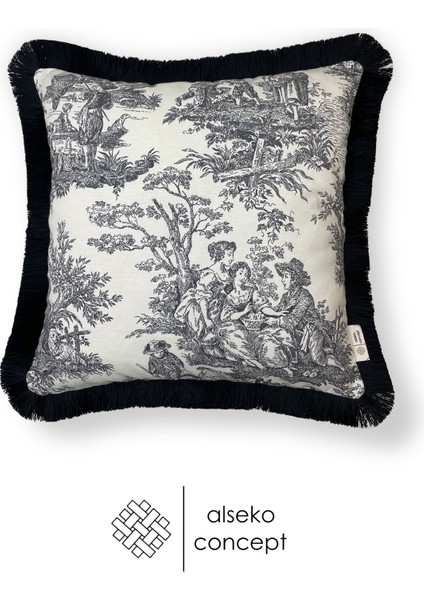 Siyah-Krem 43X43CM Püsküllü Dekoratif Kare Kırlent Kılıfı
