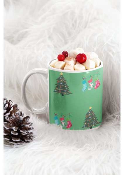 Çam Ağacı ve Hediye Paketleri Merry Christmas Baskılı Yılbaşı Hediyelik Yeni Yıl Kupa Bardak