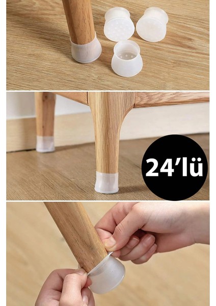 24 Lü Kaydırmaz 24'lü Kaydırmaz Çizdirmez Mobilya Sandalye Masa Zemin Silikon Koruyucu Pabuç Ayak Kılıf