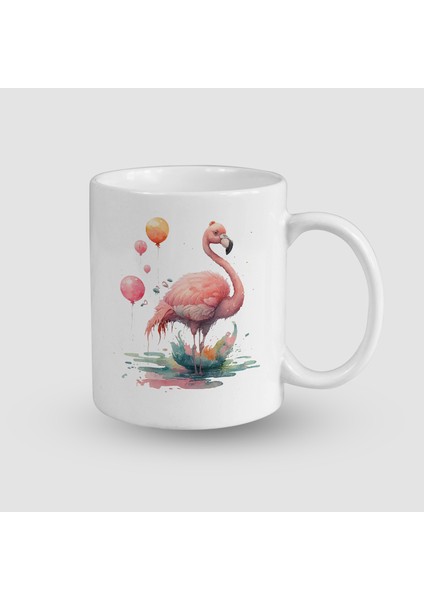 Kutlama ve Flamingo Tasarımlı Beyaz Porselen Kupa Bardak