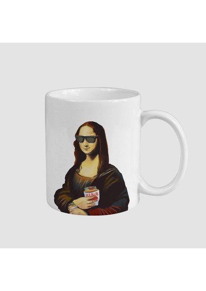 Mona Lisa Stili Tasarımlı Beyaz Porselen Kupa Bardak
