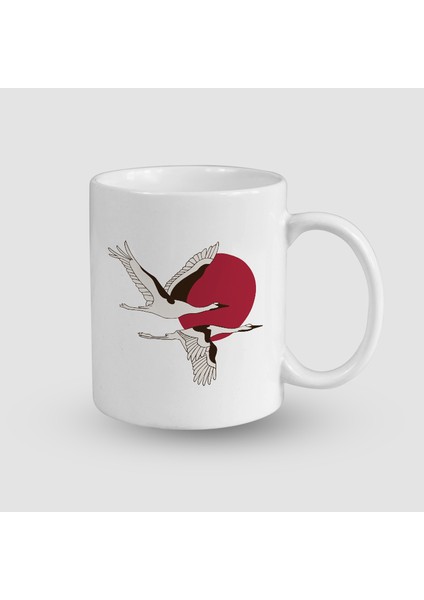 Uçan Leylekler Tasarımlı Beyaz Porselen Kupa Bardak