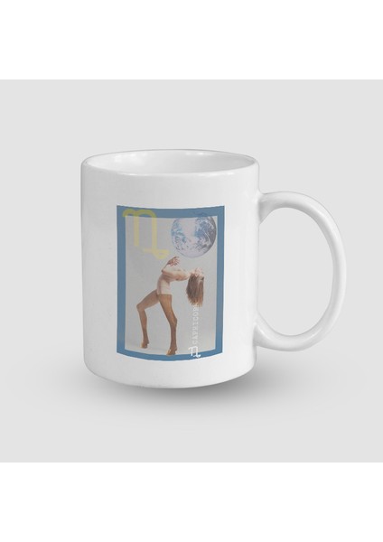 Dünya ve Kadın Oğlak Burcu Tasarımlı Beyaz Porselen Kupa Bardak