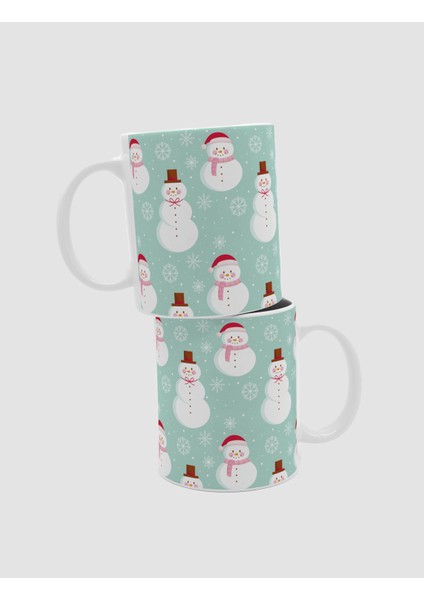 Sevimli Kardan Adamlar Kaplama Tasarımlı Beyaz Porselen Kupa Bardak