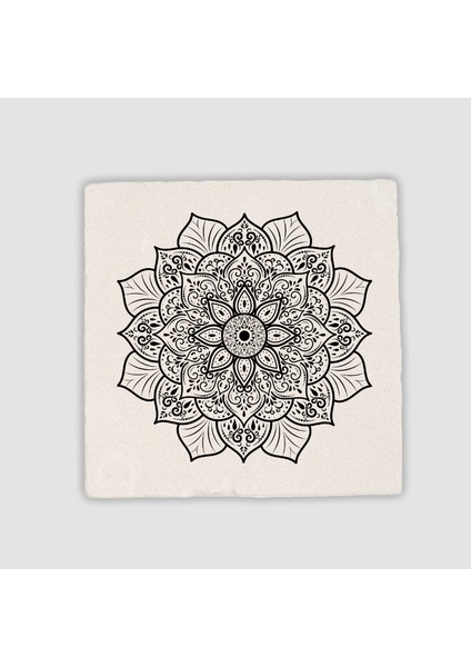 Kara Kalem Lotus Tasarımlı Doğal Taş Kare Bardak Altlığı