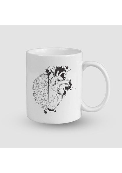 Kalp ve Beyin Tasarımlı Beyaz Porselen Kupa Bardak