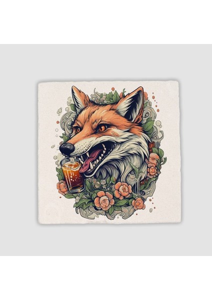 Fox And Beer Tasarımlı Doğal Taş Bardak Altlığı