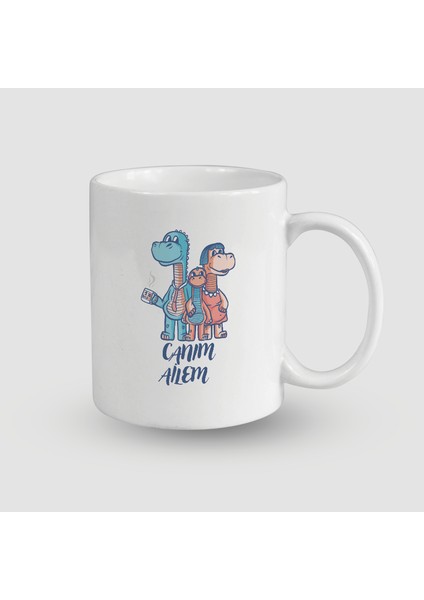 Canım Ailem Yazılı Dinazor Ailesi Tasarımlı Beyaz Porselen Kupa Bardak