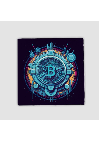 Bitcoin ve Kripto Para Tasarımlı Doğal Taş Bardak Altlığı