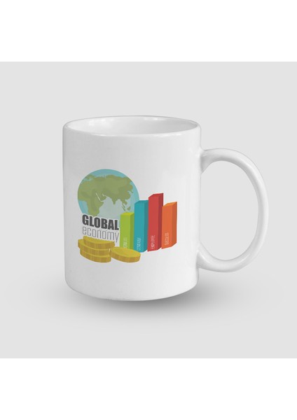 Global Ekonomi Temalı Beyaz Porselen Kupa Bardak