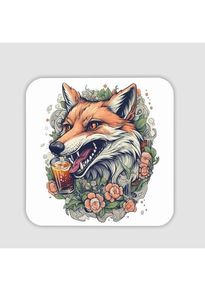 Fox And Beer Tasarımlı Kare Bardak Altlığı